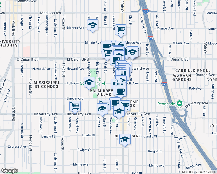 map of restaurants, bars, coffee shops, grocery stores, and more near 4077 Utah Street in San Diego