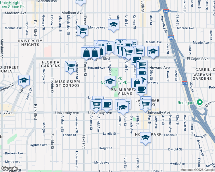 map of restaurants, bars, coffee shops, grocery stores, and more near 4076 Oregon Street in San Diego