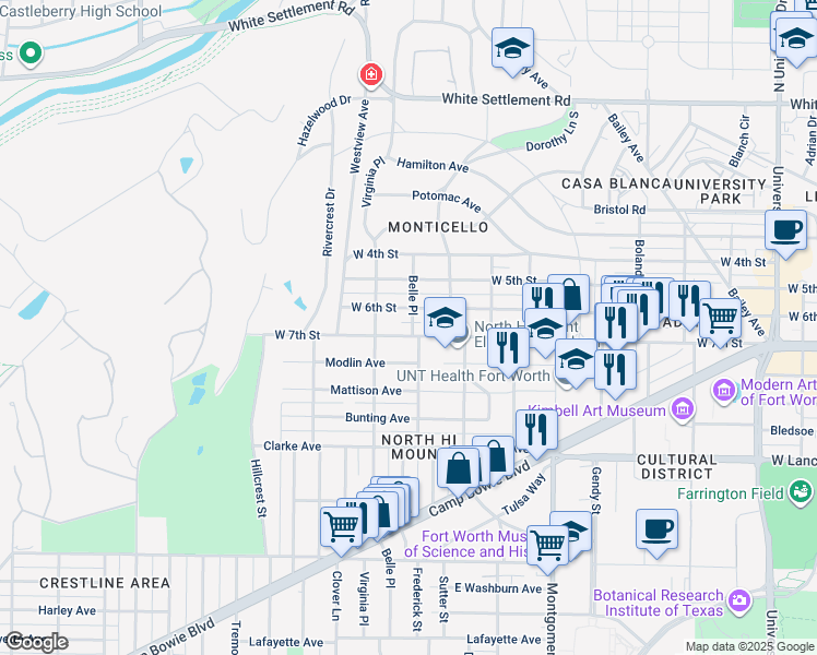 map of restaurants, bars, coffee shops, grocery stores, and more near 3830 West 6th Street in Fort Worth