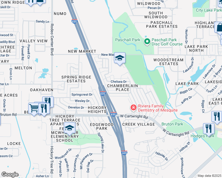 map of restaurants, bars, coffee shops, grocery stores, and more near 1042 Kim Lane in Mesquite