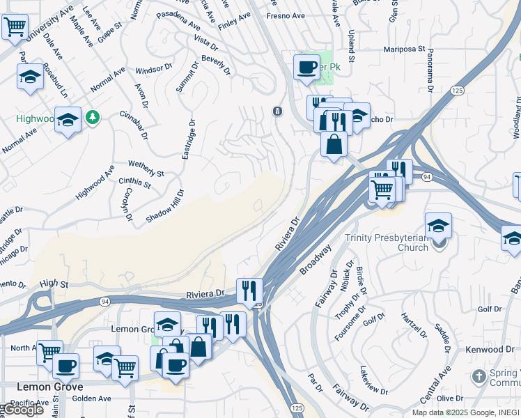 map of restaurants, bars, coffee shops, grocery stores, and more near 8294 High Street in La Mesa