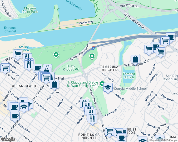 map of restaurants, bars, coffee shops, grocery stores, and more near 4584 West Point Loma Boulevard in San Diego