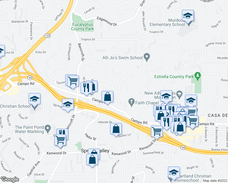 map of restaurants, bars, coffee shops, grocery stores, and more near 9347 Kahlua Way in Spring Valley