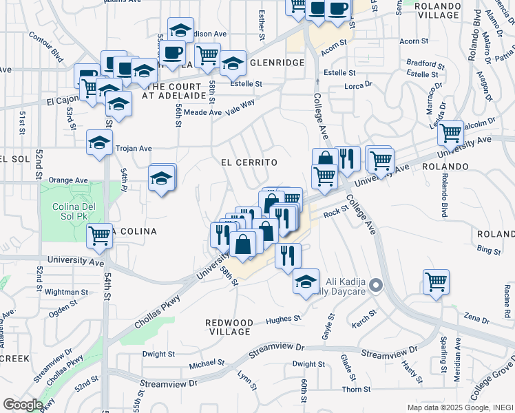 map of restaurants, bars, coffee shops, grocery stores, and more near 4102 Olympic Street in San Diego