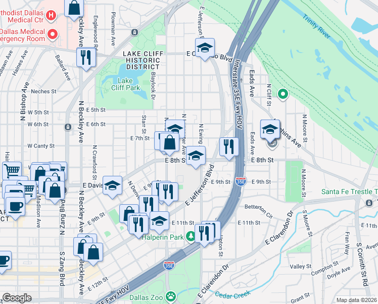 map of restaurants, bars, coffee shops, grocery stores, and more near 312 North Lancaster Avenue in Dallas