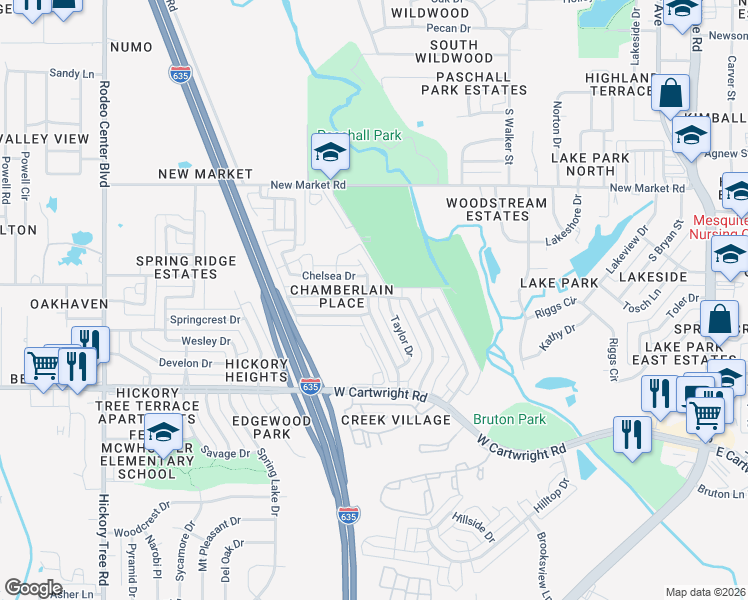 map of restaurants, bars, coffee shops, grocery stores, and more near 1308 Jessica Lane in Mesquite