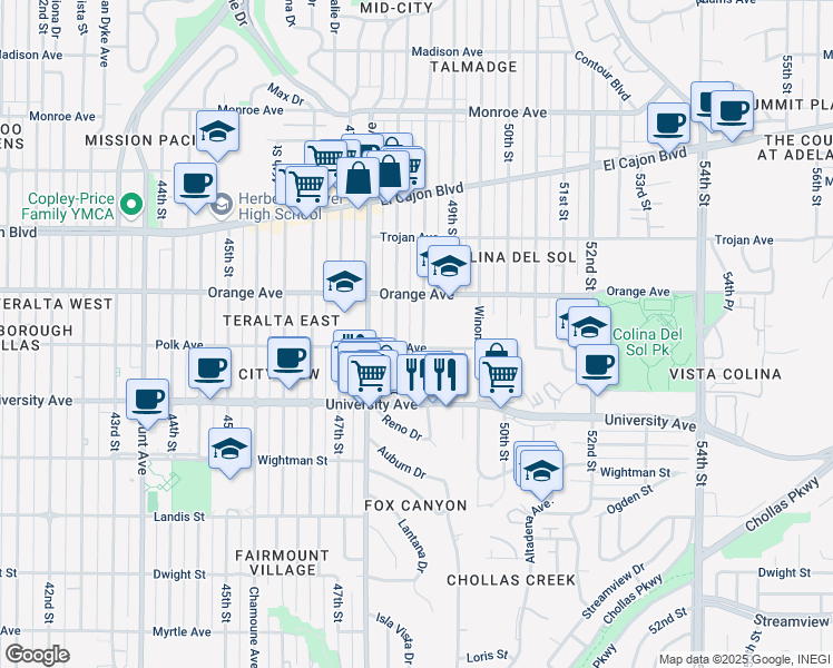 map of restaurants, bars, coffee shops, grocery stores, and more near 4152 Estrella Avenue in San Diego