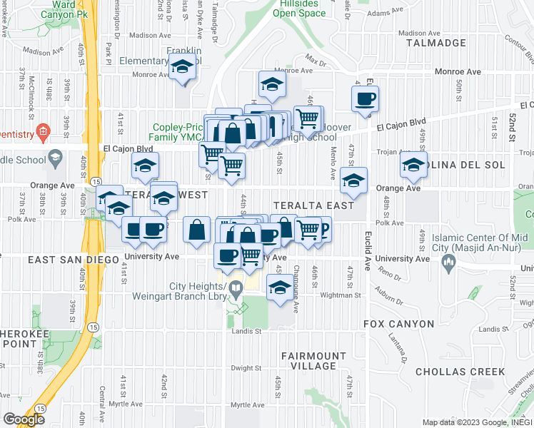 map of restaurants, bars, coffee shops, grocery stores, and more near 4168 Highland Avenue in San Diego