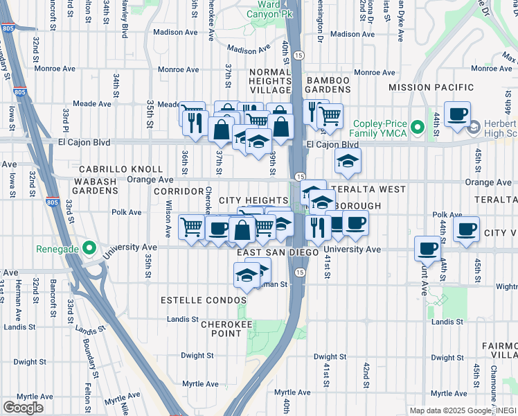 map of restaurants, bars, coffee shops, grocery stores, and more near 4154 39th Street in San Diego