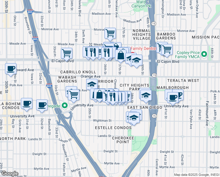 map of restaurants, bars, coffee shops, grocery stores, and more near in San Diego