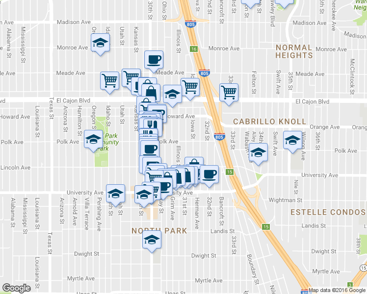 map of restaurants, bars, coffee shops, grocery stores, and more near 4111 Illinois Street in San Diego