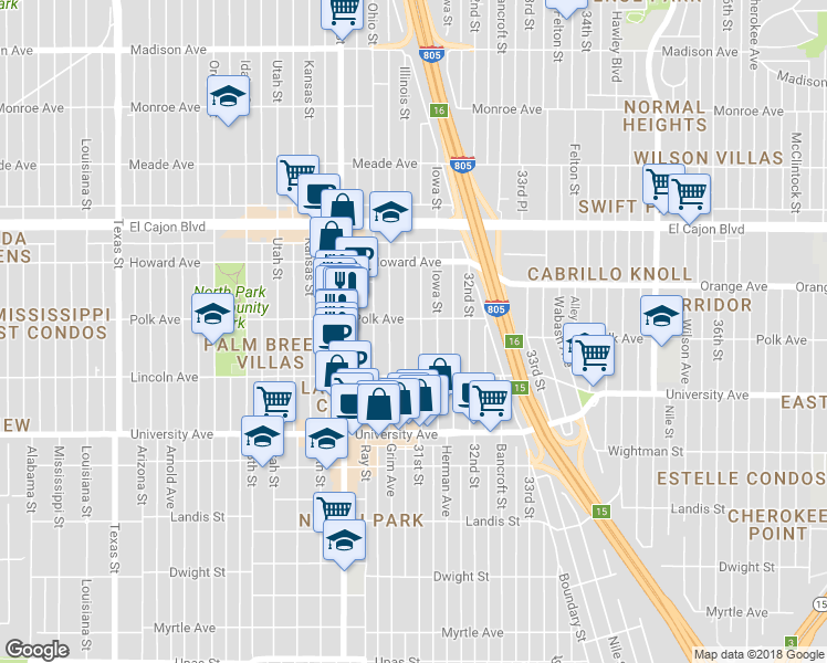 map of restaurants, bars, coffee shops, grocery stores, and more near 4111 Illinois Street in San Diego