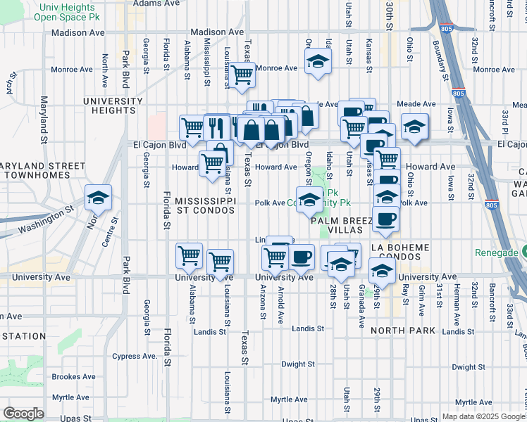 map of restaurants, bars, coffee shops, grocery stores, and more near 4080 Arizona Street in San Diego
