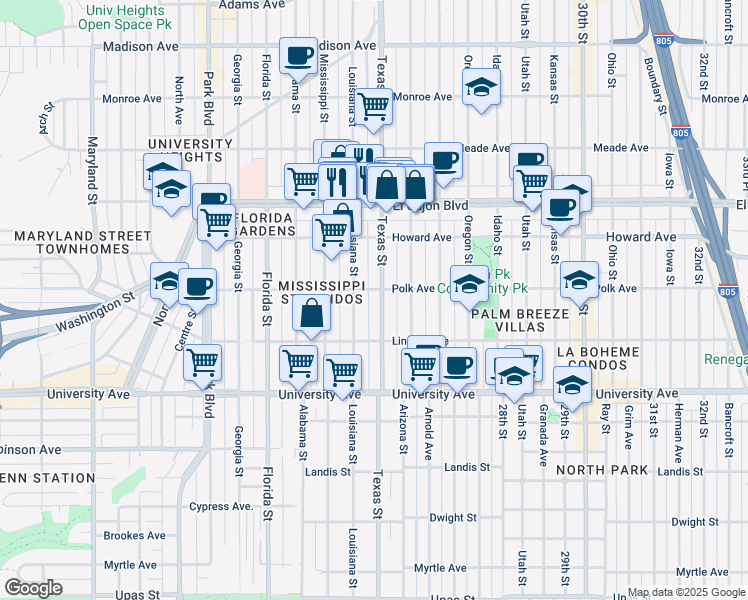 map of restaurants, bars, coffee shops, grocery stores, and more near 4121 Louisiana Street in San Diego