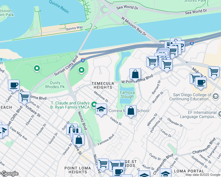 map of restaurants, bars, coffee shops, grocery stores, and more near 4314 West Point Loma Boulevard in San Diego