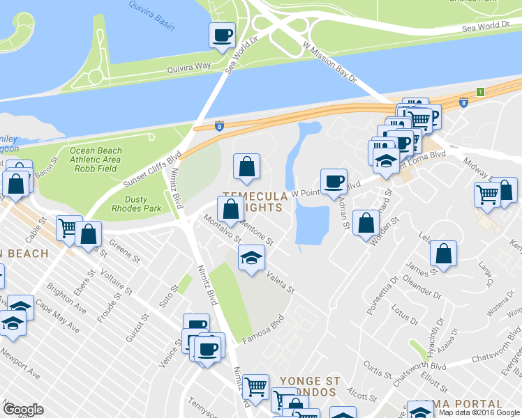 map of restaurants, bars, coffee shops, grocery stores, and more near 4314 West Point Loma Boulevard in San Diego
