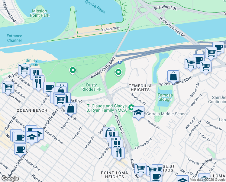 map of restaurants, bars, coffee shops, grocery stores, and more near 4588 West Point Loma Boulevard in San Diego