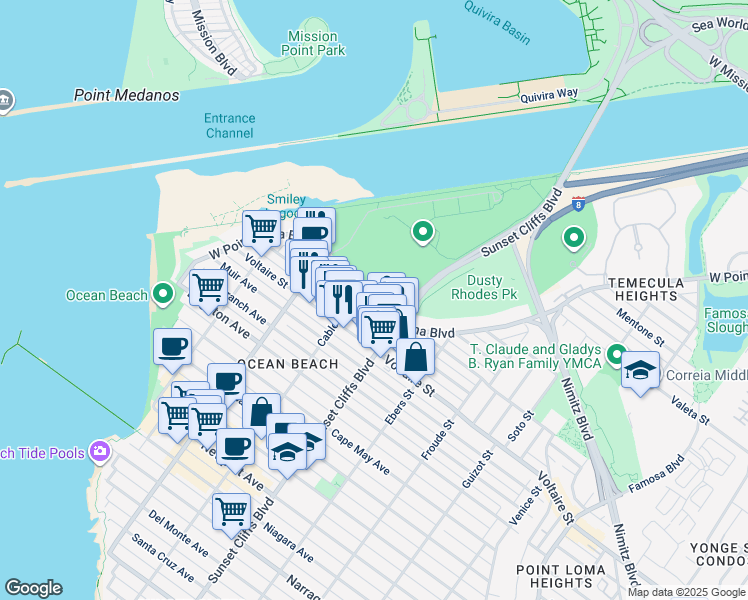 map of restaurants, bars, coffee shops, grocery stores, and more near 4866 West Point Loma Boulevard in San Diego
