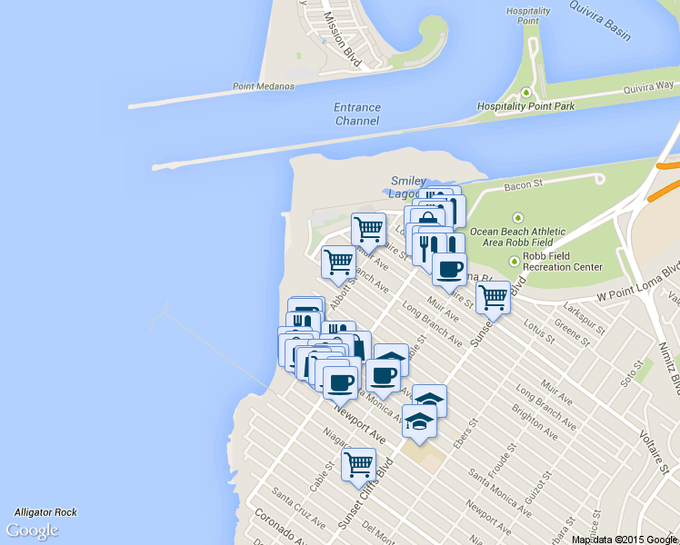 map of restaurants, bars, coffee shops, grocery stores, and more near 5157 Long Branch Avenue in San Diego