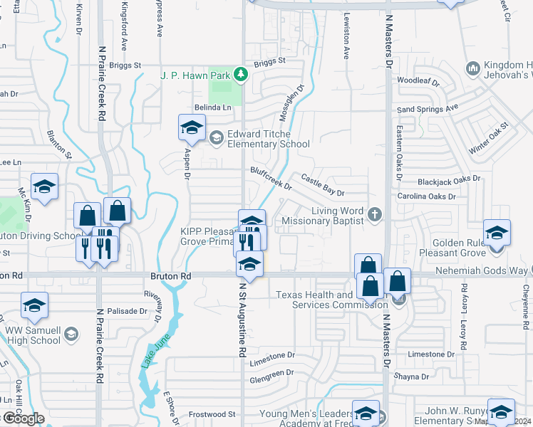 map of restaurants, bars, coffee shops, grocery stores, and more near 2300 North Saint Augustine Drive in Dallas