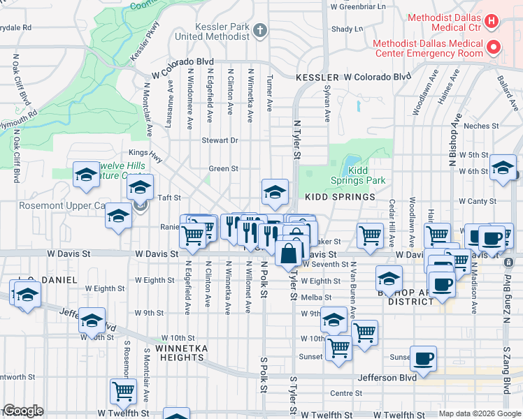 map of restaurants, bars, coffee shops, grocery stores, and more near 802 North Winnetka Avenue in Dallas