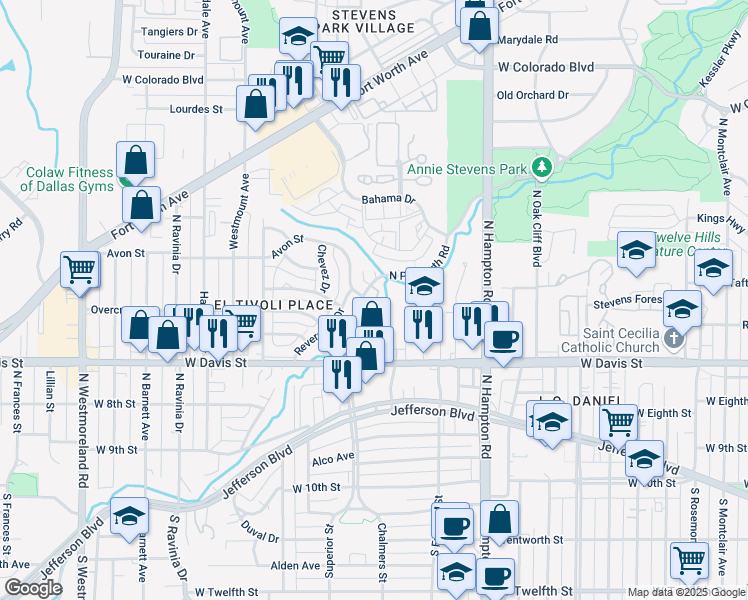 map of restaurants, bars, coffee shops, grocery stores, and more near 729 North Plymouth Road in Dallas