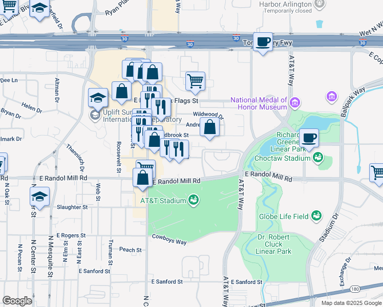 map of restaurants, bars, coffee shops, grocery stores, and more near 1119 Red Cedar Lane in Arlington