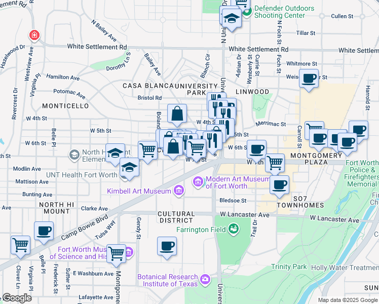 map of restaurants, bars, coffee shops, grocery stores, and more near 600 Bailey Avenue in Fort Worth