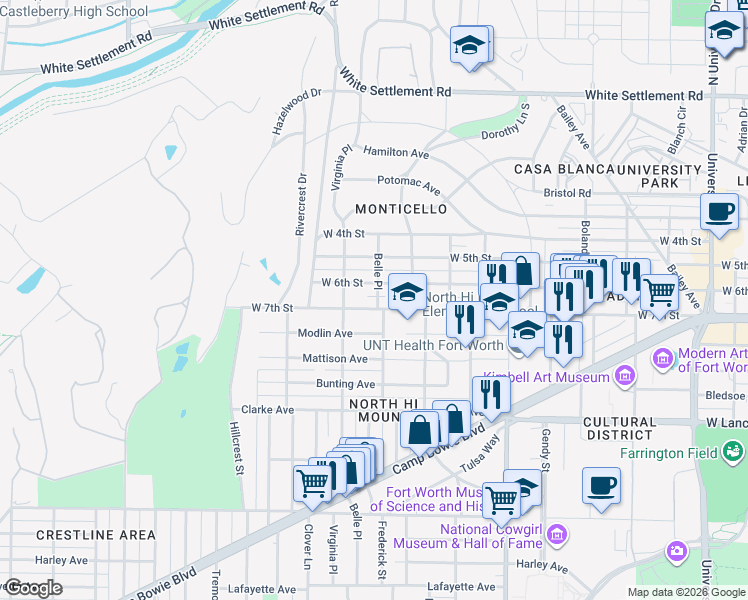 map of restaurants, bars, coffee shops, grocery stores, and more near 3830 West 6th Street in Fort Worth