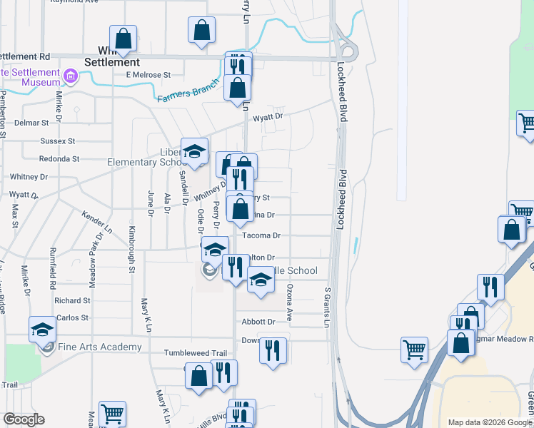 map of restaurants, bars, coffee shops, grocery stores, and more near 7841 Terry Street in White Settlement