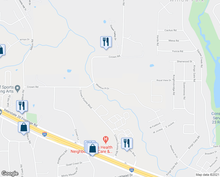 map of restaurants, bars, coffee shops, grocery stores, and more near Meadow Place Drive in Weatherford