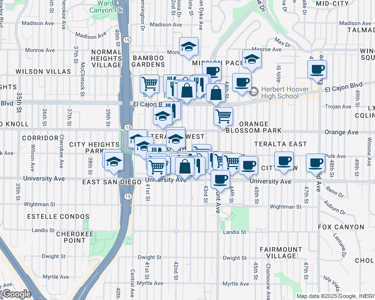 map of restaurants, bars, coffee shops, grocery stores, and more near 4116 Van Dyke Avenue in San Diego
