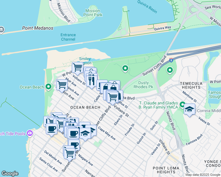 map of restaurants, bars, coffee shops, grocery stores, and more near 4866 West Point Loma Boulevard in San Diego