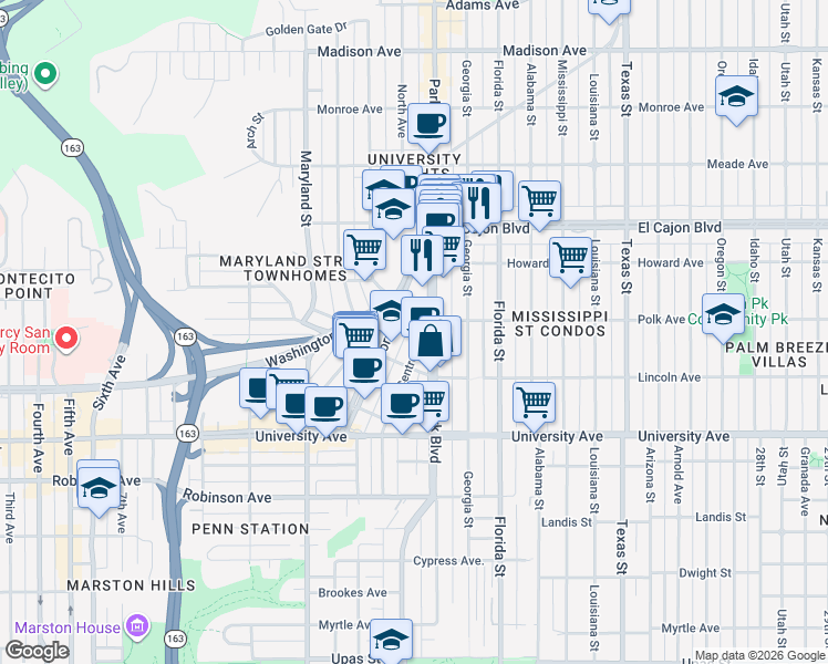 map of restaurants, bars, coffee shops, grocery stores, and more near 1623 Polk Avenue in San Diego
