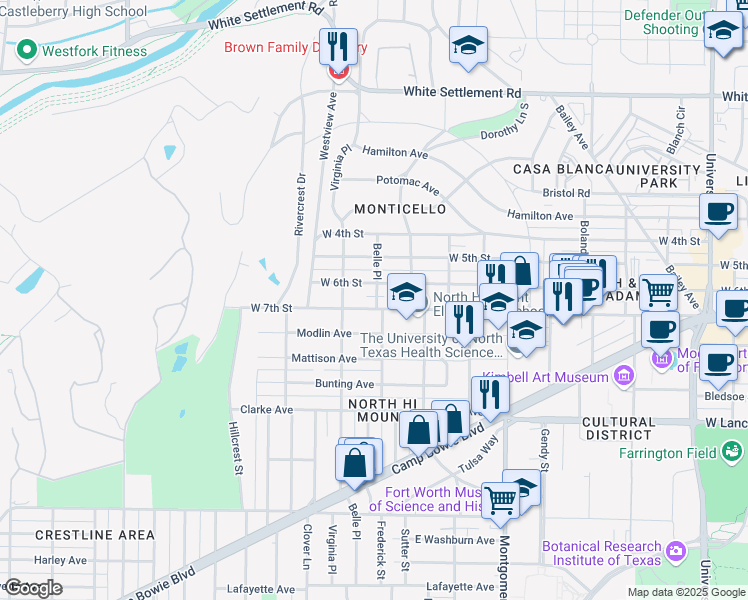 map of restaurants, bars, coffee shops, grocery stores, and more near 3900 West 7th Street in Fort Worth