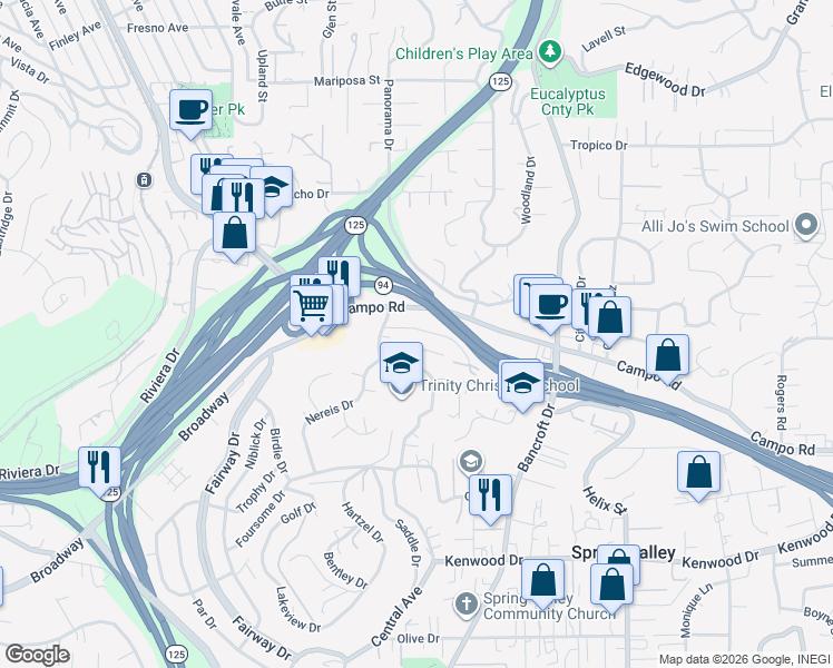 map of restaurants, bars, coffee shops, grocery stores, and more near 8817 Campo Road in Spring Valley