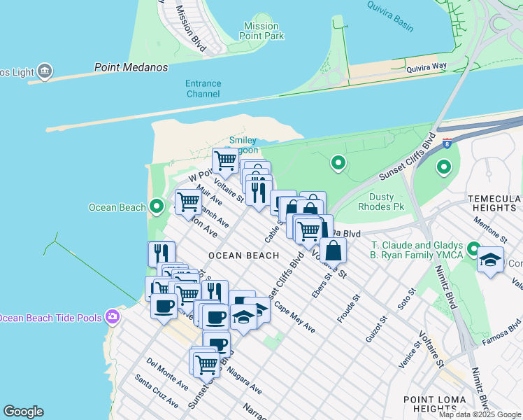 map of restaurants, bars, coffee shops, grocery stores, and more near 2229 Bacon Street in San Diego