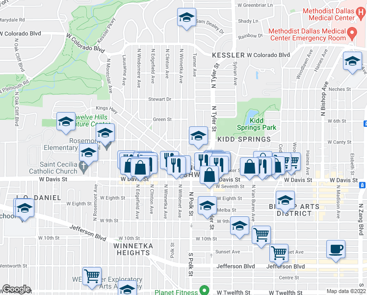 map of restaurants, bars, coffee shops, grocery stores, and more near 722 North Winnetka Avenue in Dallas