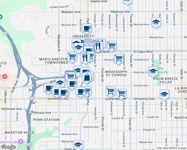map of restaurants, bars, coffee shops, grocery stores, and more near 4086 Georgia Street in San Diego