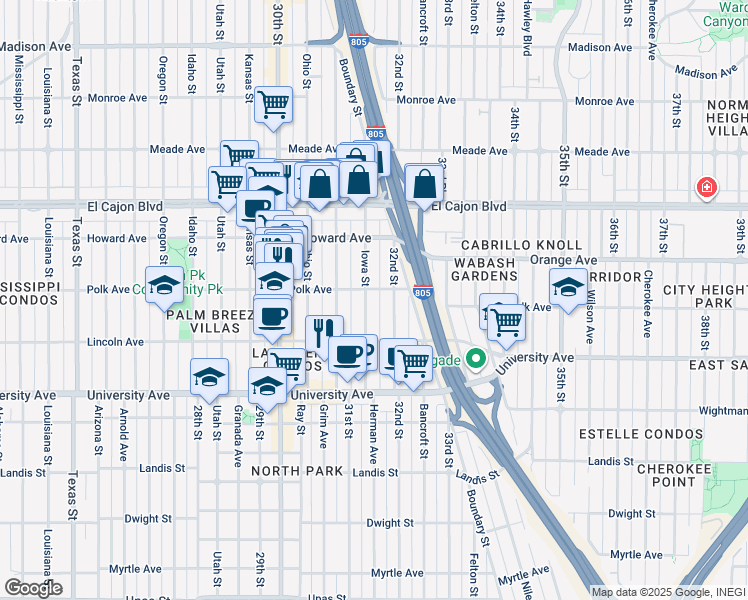 map of restaurants, bars, coffee shops, grocery stores, and more near 4077 Iowa Street in San Diego