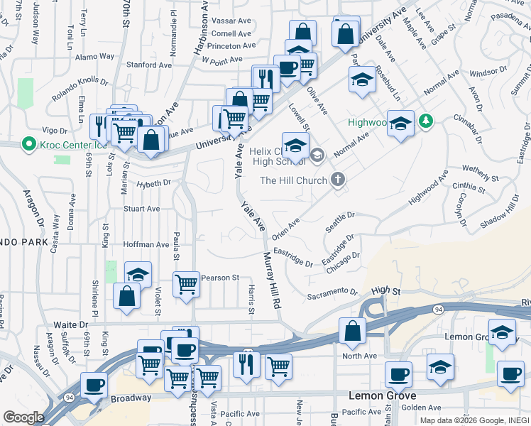 map of restaurants, bars, coffee shops, grocery stores, and more near 4040 Apore Street in La Mesa