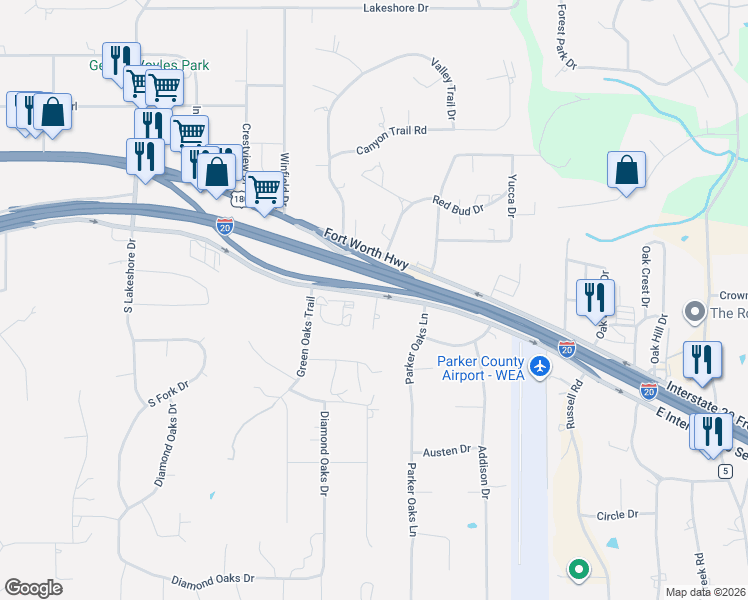 map of restaurants, bars, coffee shops, grocery stores, and more near 107 McClure Court in Hudson Oaks
