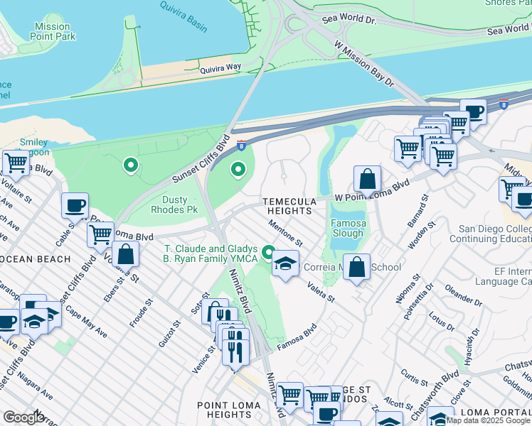 map of restaurants, bars, coffee shops, grocery stores, and more near 4452 Mentone Street in San Diego