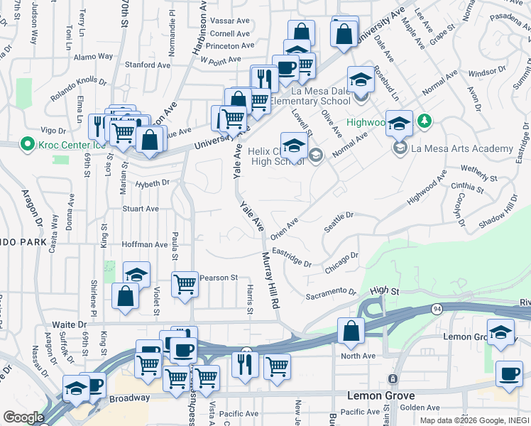 map of restaurants, bars, coffee shops, grocery stores, and more near 4040 Apore Street in La Mesa