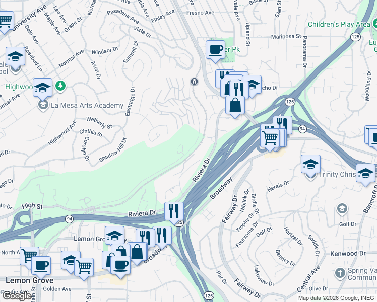 map of restaurants, bars, coffee shops, grocery stores, and more near 8060-8098 High St in La Mesa