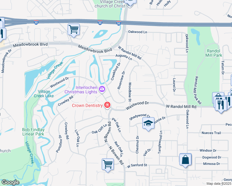 map of restaurants, bars, coffee shops, grocery stores, and more near 1300 Riverview Drive in Arlington