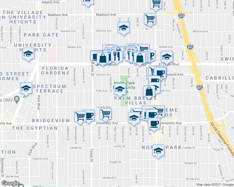 map of restaurants, bars, coffee shops, grocery stores, and more near 4084 Oregon Street in San Diego