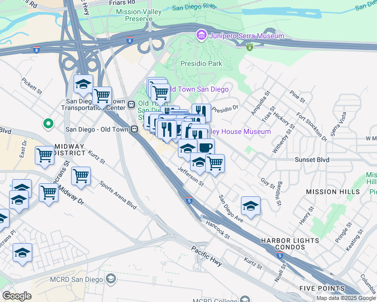 map of restaurants, bars, coffee shops, grocery stores, and more near 2495 San Diego Avenue in San Diego