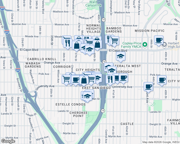 map of restaurants, bars, coffee shops, grocery stores, and more near 4120 39th Street in San Diego