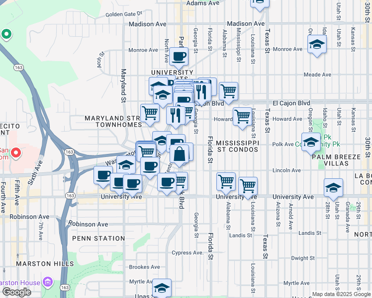 map of restaurants, bars, coffee shops, grocery stores, and more near 4114 Georgia Street in San Diego